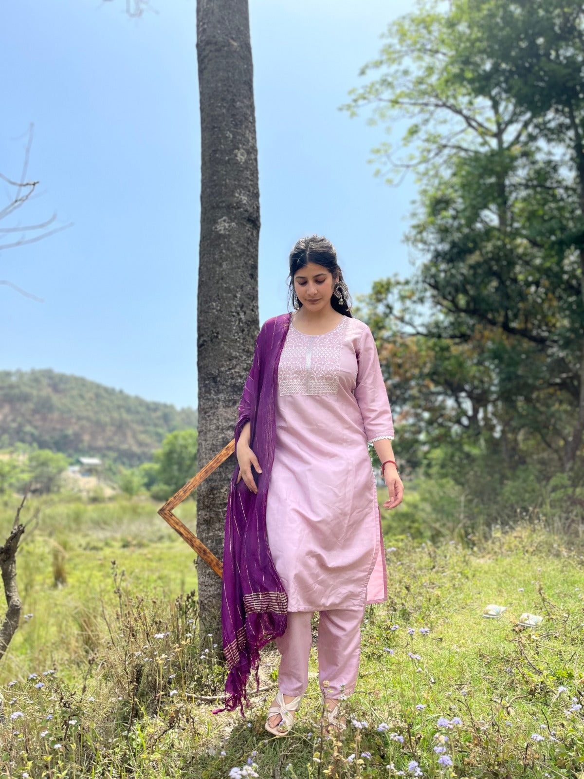 LIGHT PINK COLOURED  WOMEN'S  RAYON  KURTA WITH  DUPATTA SET