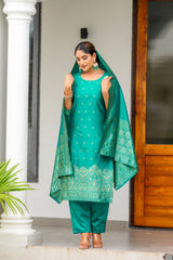 DARK GREEN   COLOURED  WOMEN'S POLYSTER  KURTA WITH  DUPATTA SET