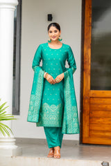 DARK GREEN   COLOURED  WOMEN'S POLYSTER  KURTA WITH  DUPATTA SET
