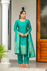 DARK GREEN   COLOURED  WOMEN'S POLYSTER  KURTA WITH  DUPATTA SET
