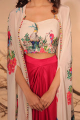 Crimson Bloom Indo-Western Drape Set with Embroidered Cape