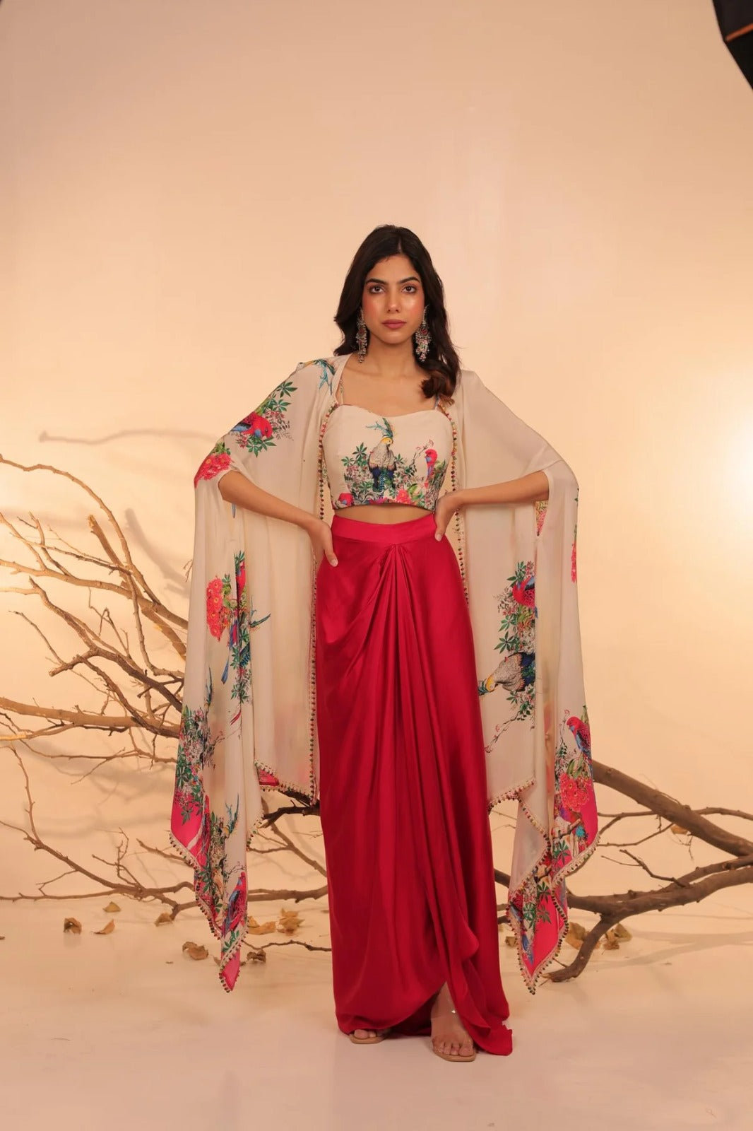 Crimson Bloom Indo-Western Drape Set with Embroidered Cape