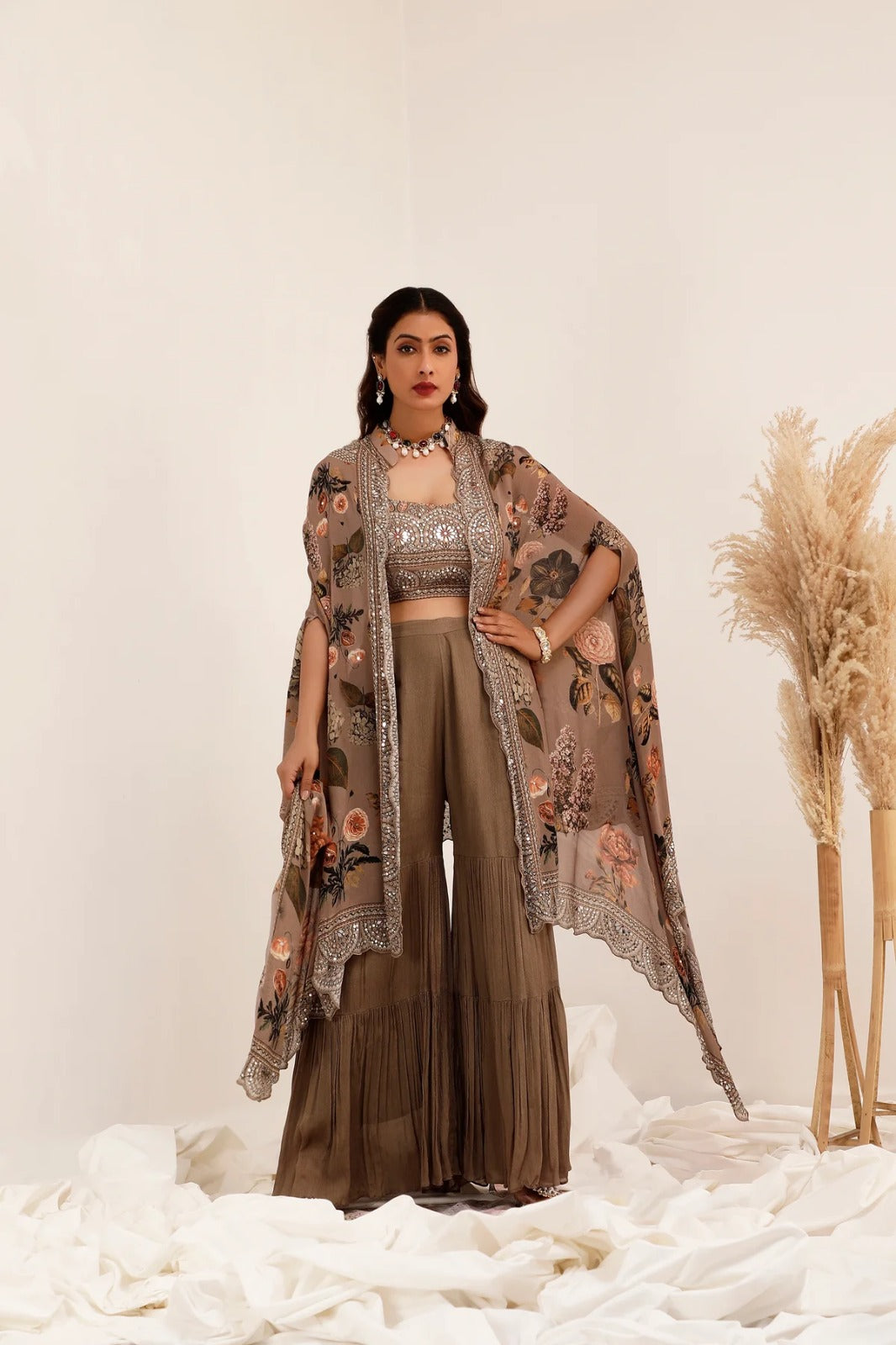 Rustic Rose Designer Cape & Flared Palazzo Set
