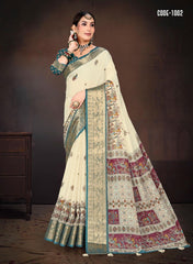 Tradional Madhubani print Cotton saree with blouse for indian women