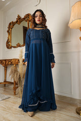 TEAL BLUE COLORED DESIGNER EMBROIDERY PARTYWEAR GEORGETTE KURTA SET