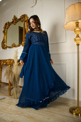 TEAL BLUE COLORED DESIGNER EMBROIDERY PARTYWEAR GEORGETTE KURTA SET