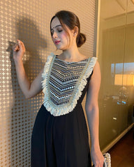 Radiant Black Colored Partywear Embroidery Worked Jumpsuit