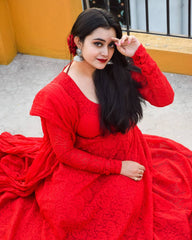 ELEGANT RED COLORED CHIKANKARI FLOOR TOUCH GOWN WITH DUPPATA