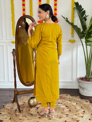 YELLOW COLOURED  WOMEN'S VISCOSE CHANDERI  EMBROIDERED  KURTA WITH PANT DUPATTA SET