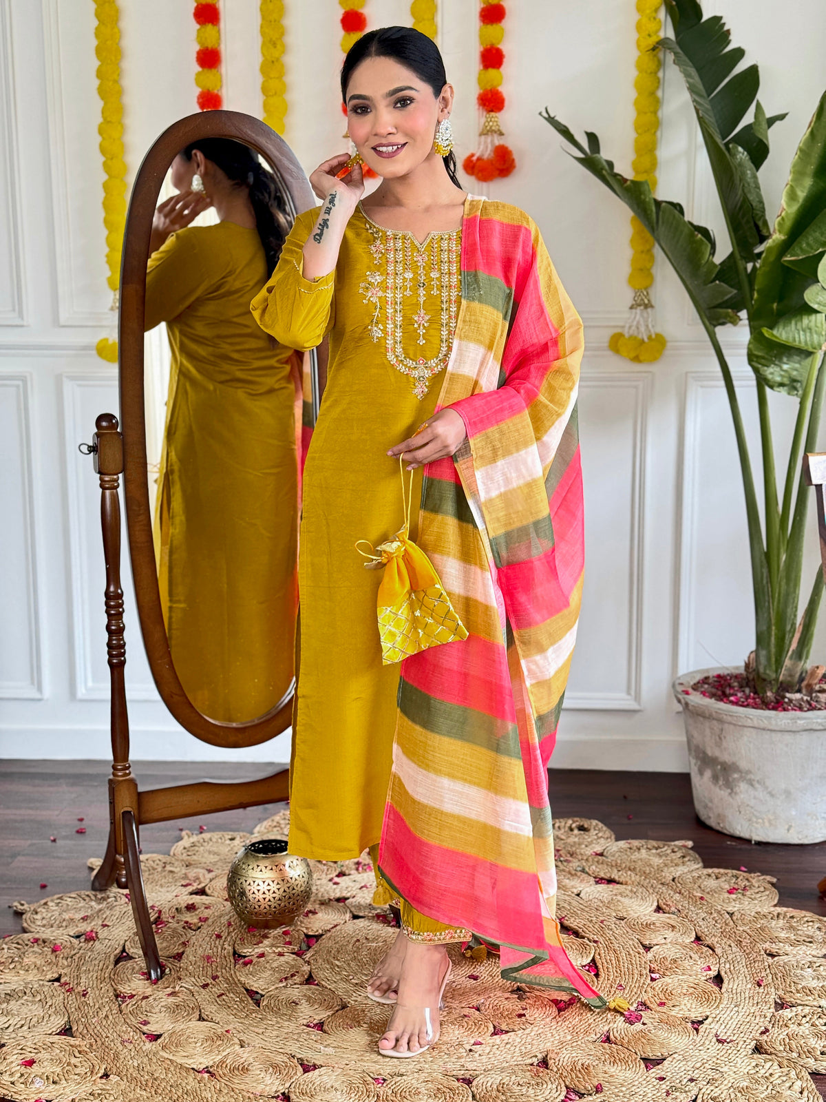 YELLOW COLOURED  WOMEN'S VISCOSE CHANDERI  EMBROIDERED  KURTA WITH PANT DUPATTA SET