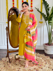 YELLOW COLOURED  WOMEN'S VISCOSE CHANDERI  EMBROIDERED  KURTA WITH PANT DUPATTA SET