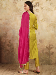 YELLOW COLOURED  WOMEN'S VISCOSE CHANDERI  EMBROIDERED  KURTA WITH PANT DUPATTA SET