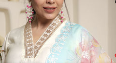 WHITE COLOURED  WOMEN'S VISCOSE CHANDERI  EMBROIDERED  KURTA WITH PANT DUPATTA SET