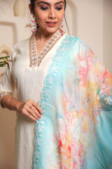 WHITE COLOURED  WOMEN'S VISCOSE CHANDERI  EMBROIDERED  KURTA WITH PANT DUPATTA SET