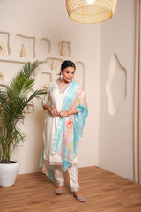 WHITE COLOURED  WOMEN'S VISCOSE CHANDERI  EMBROIDERED  KURTA WITH PANT DUPATTA SET
