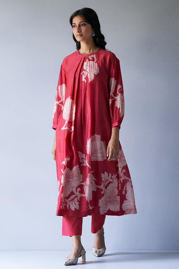 Cranberry Red Bemberg Silk Printed Kurta with Cotton Satin Pants | Women’s Ethnic Co-ord Set Malaysia | Festive & Party Wear