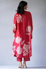 Cranberry Red Bemberg Silk Printed Kurta with Cotton Satin Pants | Women’s Ethnic Co-ord Set Malaysia | Festive & Party Wear