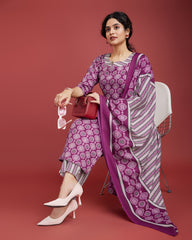 Printed Slub Cotton Kurta Set with Trousers & Dupatta | Women’s Festive & Casual Wear Malaysia