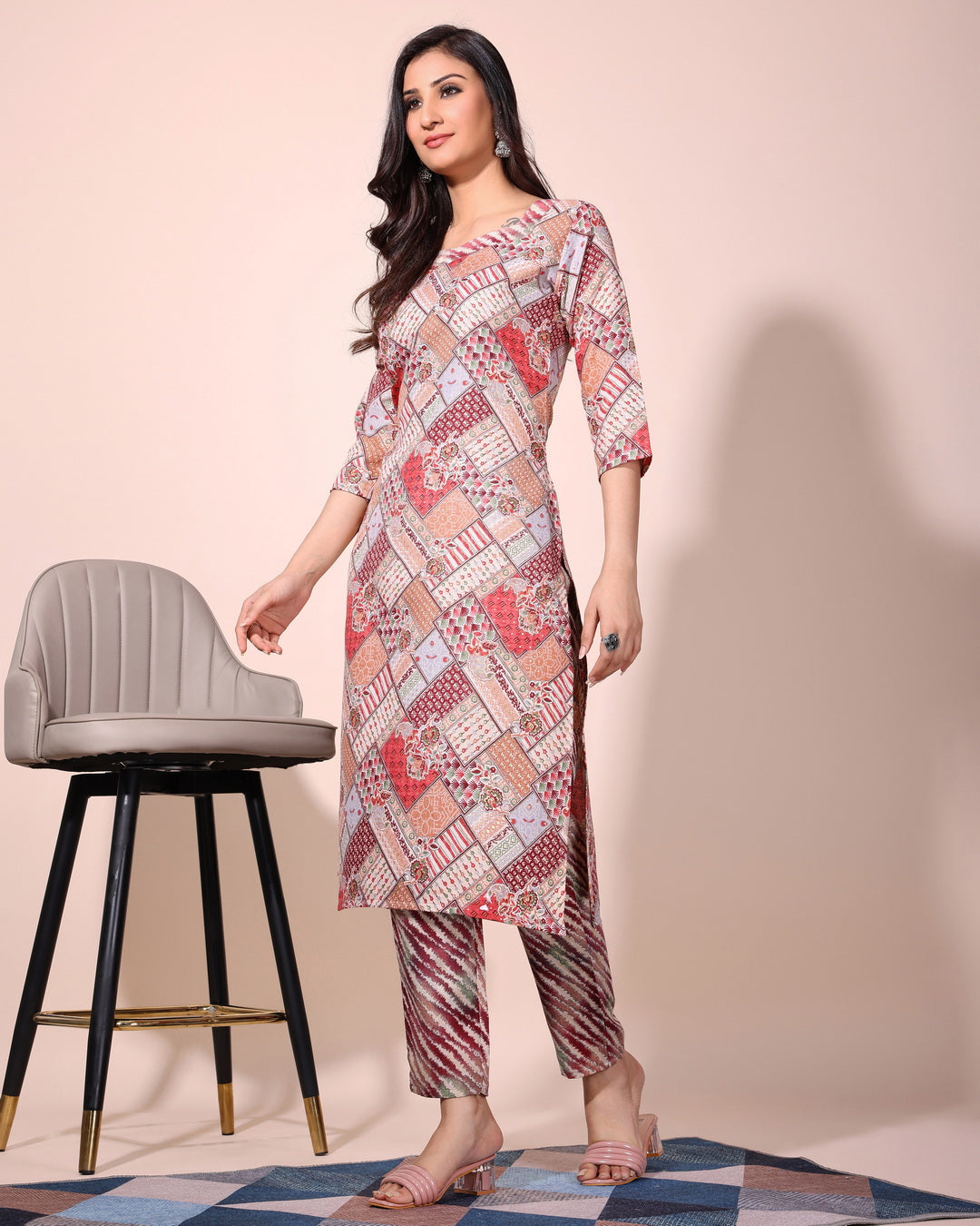 Stylish Slub Cotton Printed Kurta Set with Matching Trouser & Crape Dupatta | Everyday & Office Wear Suit Malaysia
