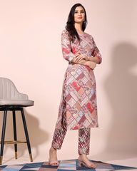 Multi printed cotton tow piece  kurta set (Multicolour)