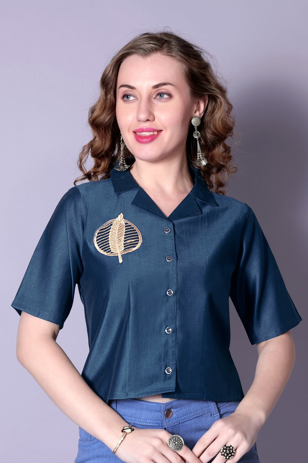 Women’s Navy Blue Solid Cotton Crop Shirt with Leaf Embroidery – Stylish Viscose Rayon Short Sleeve Top | Casual & Office Wear Malaysia 2025