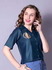 Women’s Navy Blue Solid Cotton Crop Shirt with Leaf Embroidery – Stylish Viscose Rayon Short Sleeve Top | Casual & Office Wear Malaysia 2025