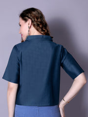 Women’s Navy Blue Solid Cotton Crop Shirt with Leaf Embroidery – Stylish Viscose Rayon Short Sleeve Top | Casual & Office Wear Malaysia 2025