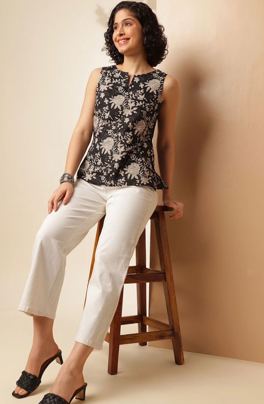 C17 Trendy Women Floral Printed Cotton Silk Top – Sleeveless Black Casual Wear | Stylish Boat Neck Regular Fit | Summer Fashion Malaysia 2025