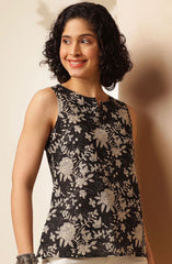 C17 Trendy Women Floral Printed Cotton Silk Top – Sleeveless Black Casual Wear | Stylish Boat Neck Regular Fit | Summer Fashion Malaysia 2025
