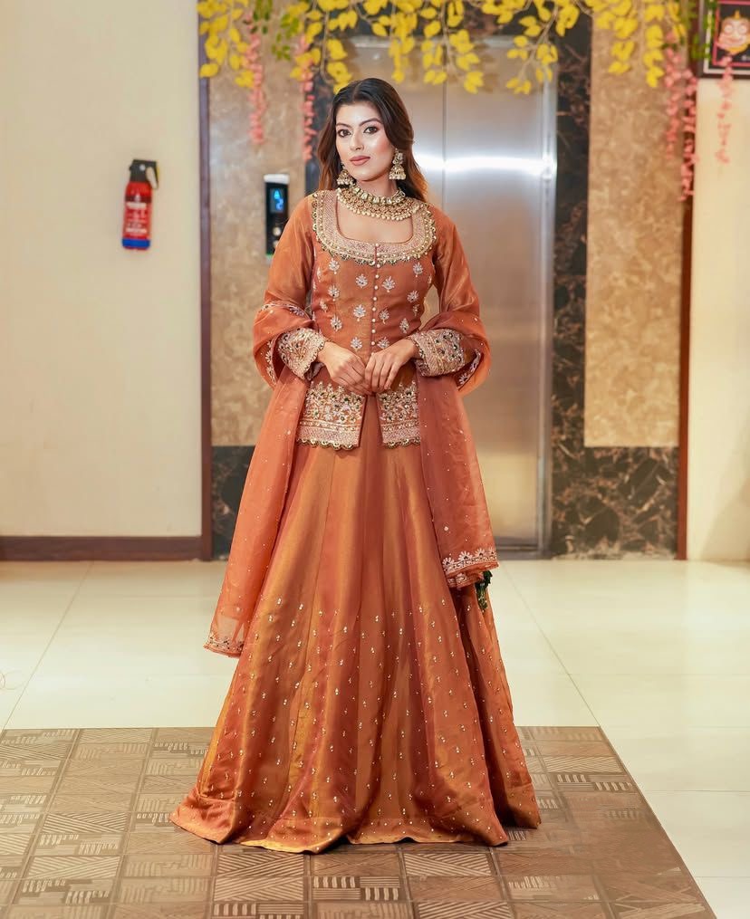 Orange Color Wedding Wear Designer Embroidered Ready to Wear Lehenga