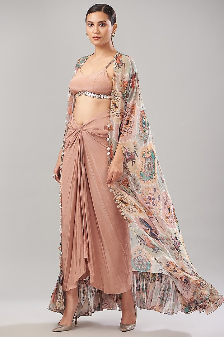 Pastel Georgette Printed & Embroidered Cape Set