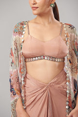 Pastel Georgette Printed & Embroidered Cape Set