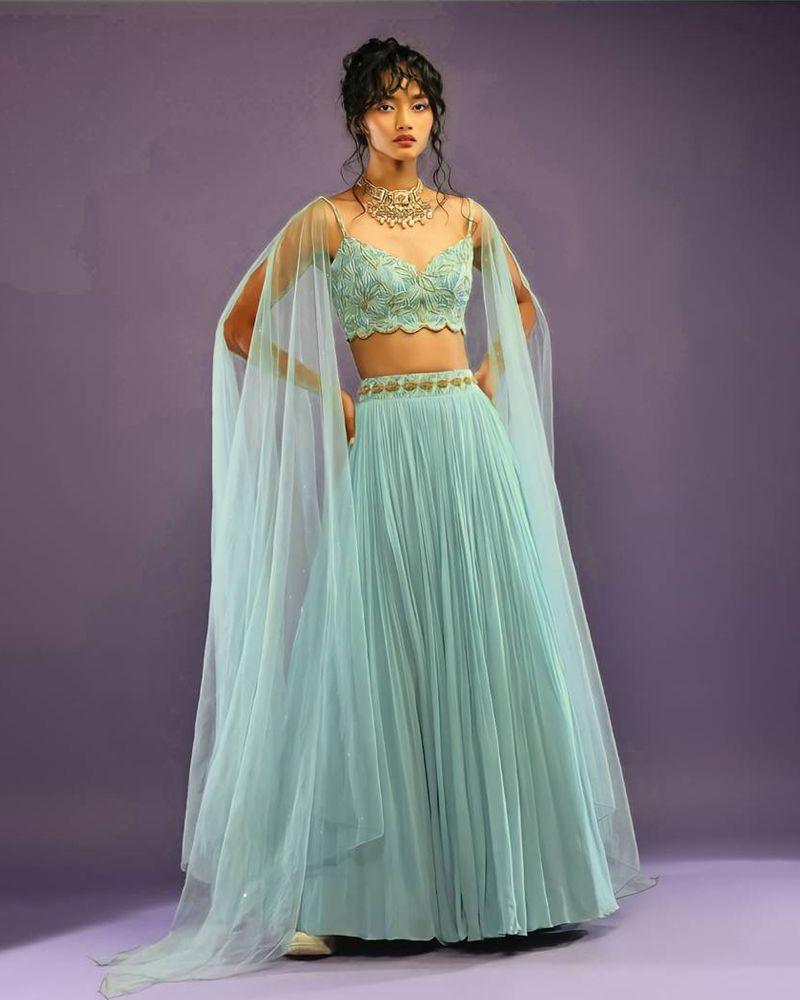 Turquoise color faux georgette crushed lehenga choli