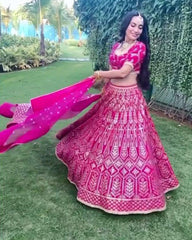 Pink Malai satin zari embroidery Lehenga choli