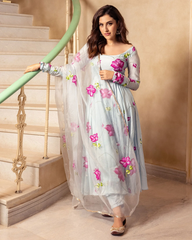 trendy sky Coloured Flaired Kurta With Bottom And Beautifull Dupatta Set