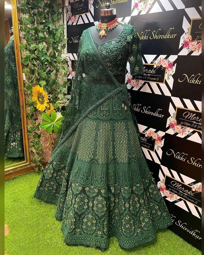 Green Sequence Embroidery Work Lehenga Choli