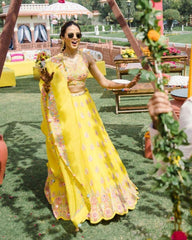 Yellow Georgette Mirror Embroidery Work Lehenga Choli