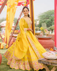 Yellow Georgette Mirror Embroidery Work Lehenga Choli