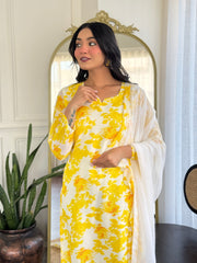 YELLOW  COLOURED  WOMEN'S GEORGETTE  KURTA  WITH PANT DUPATTA  SET