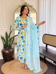 SKY  COLOURED  WOMEN'S GEORGETTE  KURTA  WITH PANT DUPATTA  SET