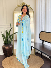 SKY  COLOURED  WOMEN'S GEORGETTE  KURTA  WITH PANT DUPATTA  SET