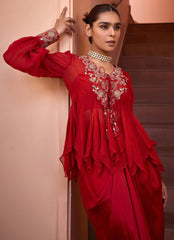 Red Embroidered Organza Top With Drape Skirt