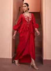 Red Embroidered Organza Top With Drape Skirt