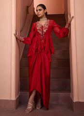 Red Embroidered Organza Top With Drape Skirt