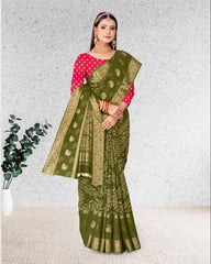 Bandhani Print Jacquard border Cotton saree with blouse for women
