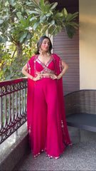 Citrus Pink Draped plazo & Mirror work Blouse with Cape