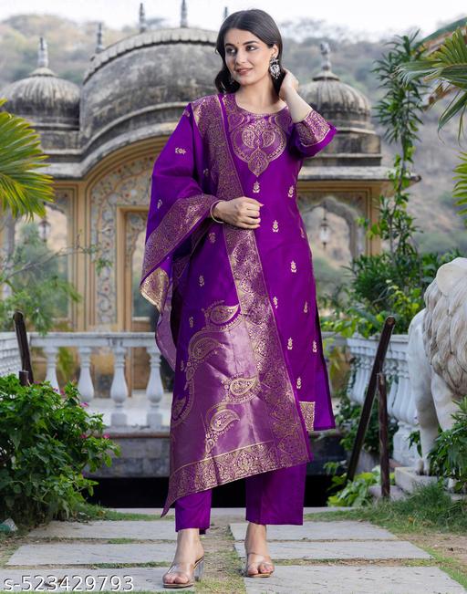 Silk Blend Purple Kurta Set for Women | Self Design Kurta Pants with Dupatta | Elegant Indian Ethnic Wear Malaysia | Wedding & Party Outfit