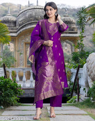 Silk Blend Purple Kurta Set for Women | Self Design Kurta Pants with Dupatta | Elegant Indian Ethnic Wear Malaysia | Wedding & Party Outfit