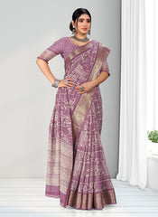 Geometric Print Zari border Soft cotton saree with blouse for women
