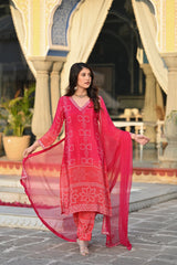 KASHISH RED COLOURED  WOMEN'S  SOFT CHINNON SILK   KURTA WITH PANT DUPATTA  SET
